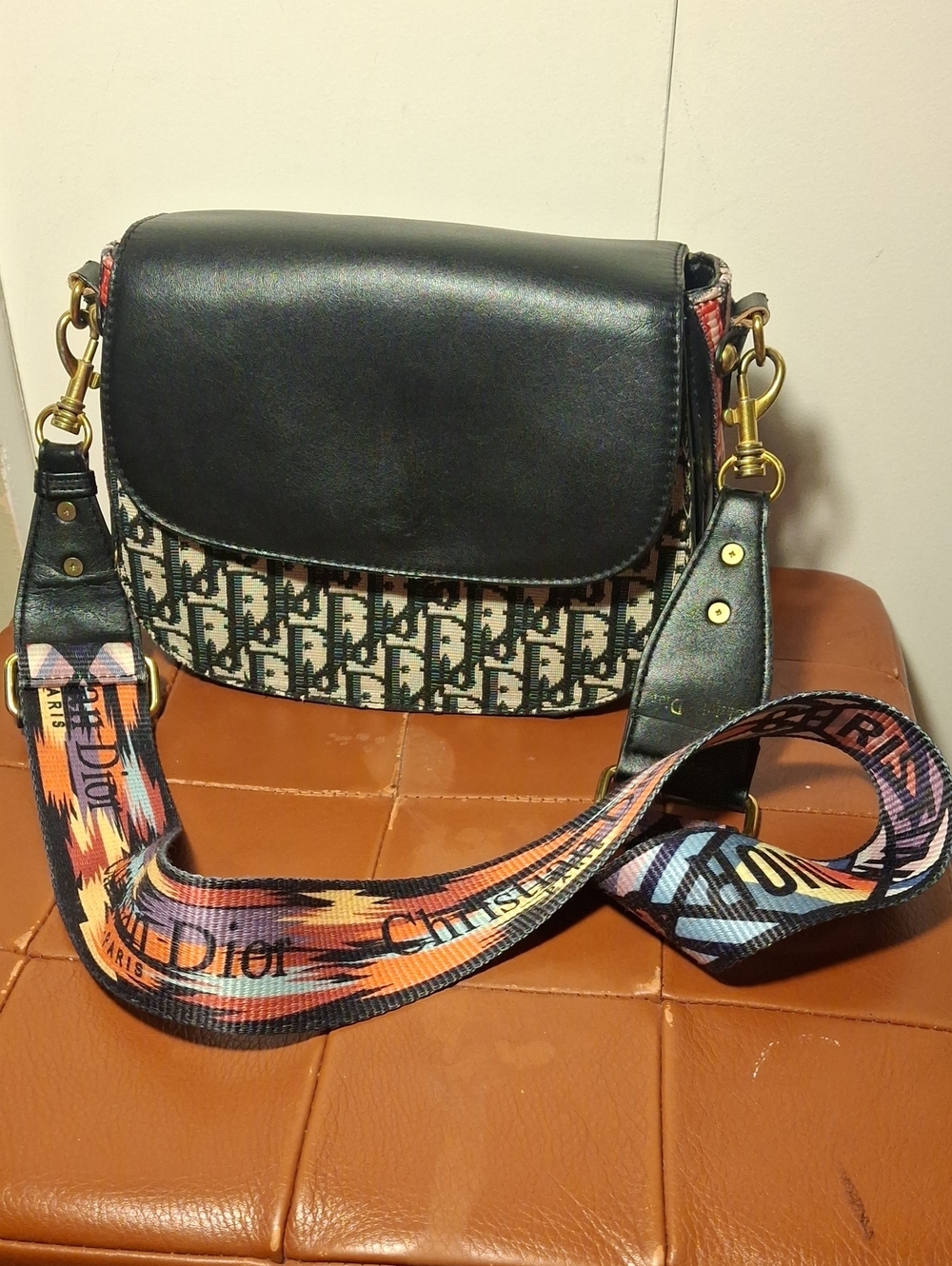 Christian Dior Black Canvas-Pattern Crossbody Bag with Multicolor Strap